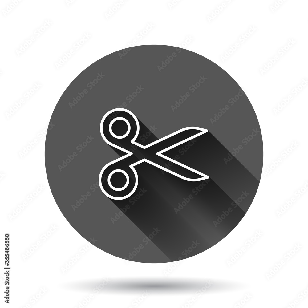 Scissor icon in flat style. Cut equipment vector illustration on black round background with long shadow effect. Cutter circle button business concept.