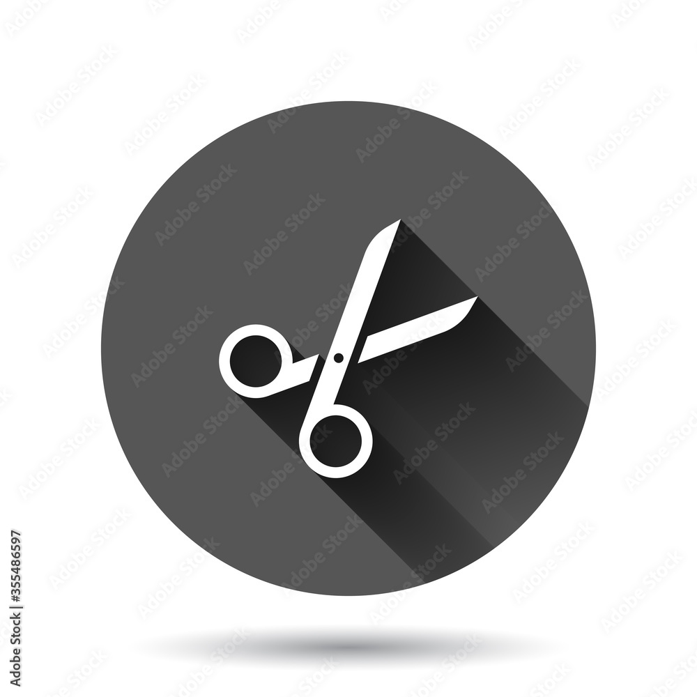 Scissor icon in flat style. Cut equipment vector illustration on black round background with long shadow effect. Cutter circle button business concept. Scissor icon in flat style. Cut equipment vector illustration on black round background with long shadow effect. Cutter circle button business concept.