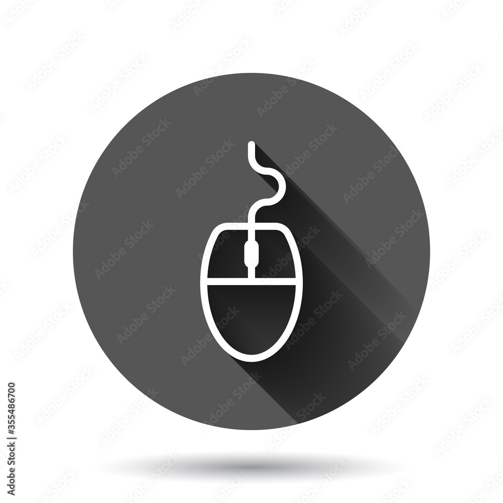 Computer mouse icon in flat style. Cursor vector illustration on black round background with long shadow effect. Pointer circle button business concept. Computer mouse icon in flat style. Cursor vector illustration on black round background with long shadow effect. Pointer circle button business concept.