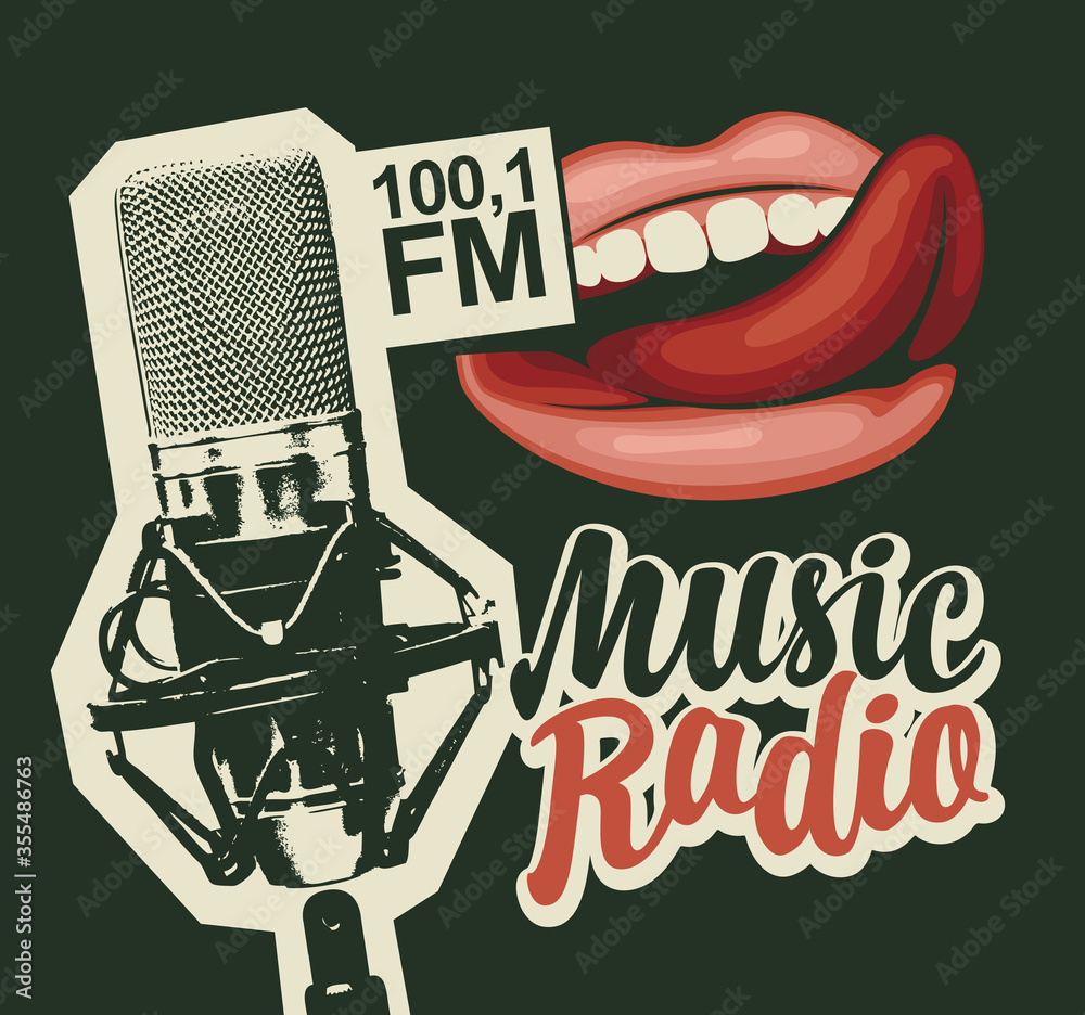 Music radio FM broadcasting concept. Vector banner in retro style for music  radio station with microphone, sexy girls lips and inscription on black  background. Suitable for poster, advertising, flyer Stock Vector