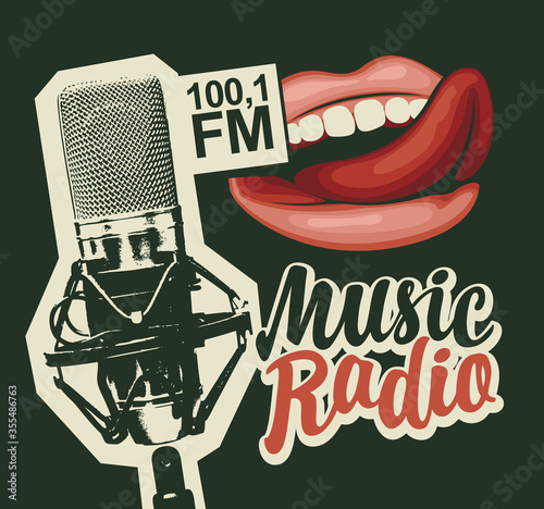 Music radio FM broadcasting concept. Vector banner in retro style for music radio station with microphone, sexy girls lips and inscription on black background. Suitable for poster, advertising, flyer