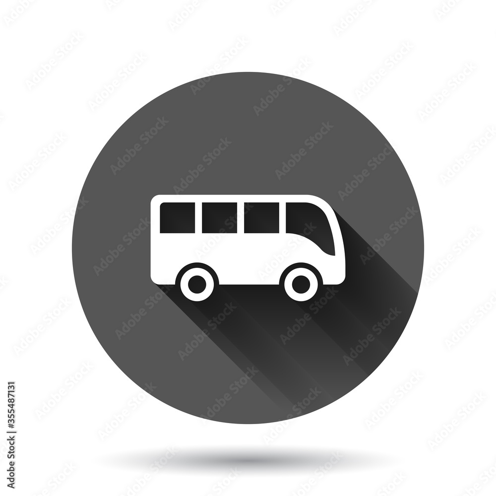 Bus icon in flat style. Coach vector illustration on black round background with long shadow effect. Autobus vehicle circle button business concept. Bus icon in flat style. Coach vector illustration on black round background with long shadow effect. Autobus vehicle circle button business concept.