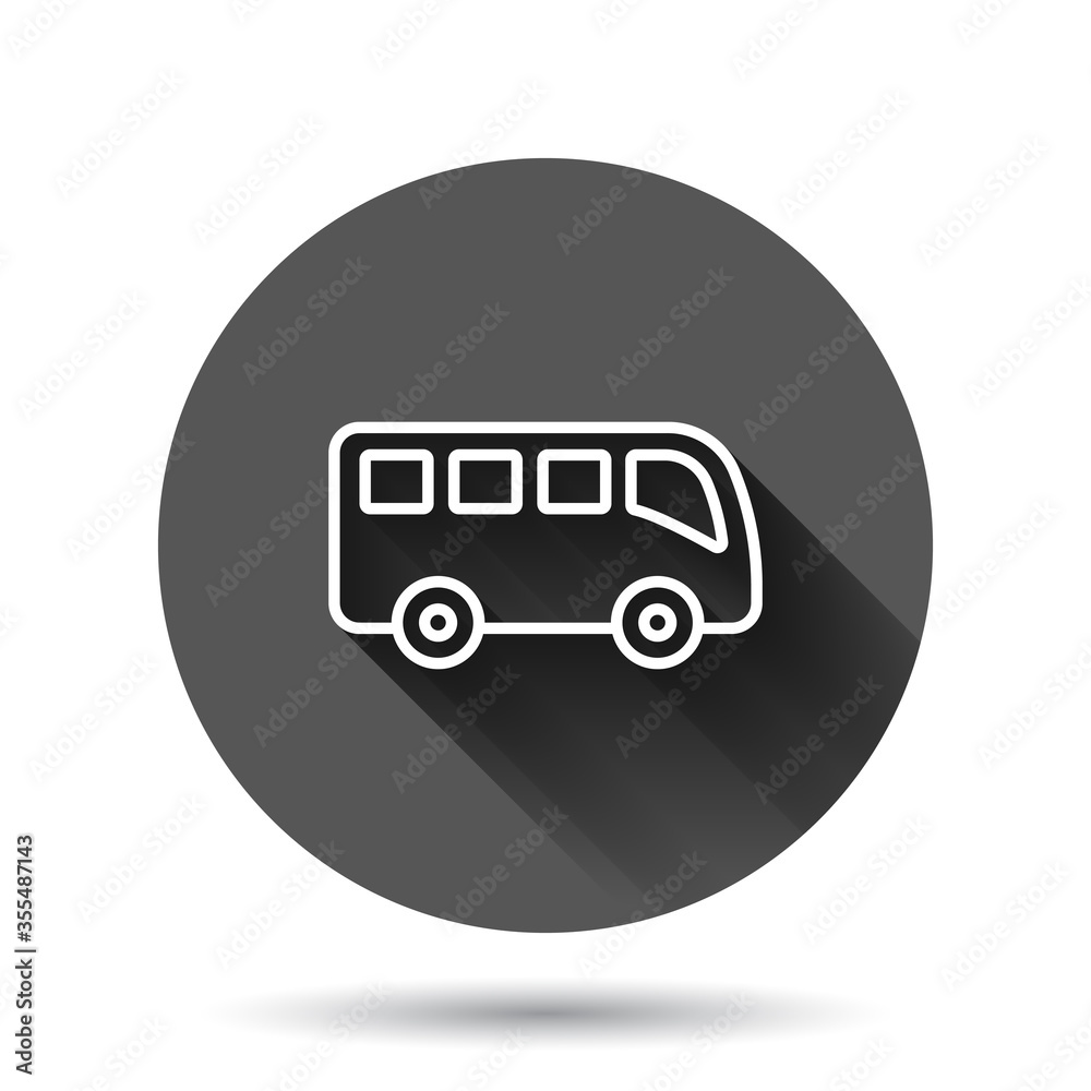 Bus icon in flat style. Coach vector illustration on black round background with long shadow effect. Autobus vehicle circle button business concept. Bus icon in flat style. Coach vector illustration on black round background with long shadow effect. Autobus vehicle circle button business concept.
