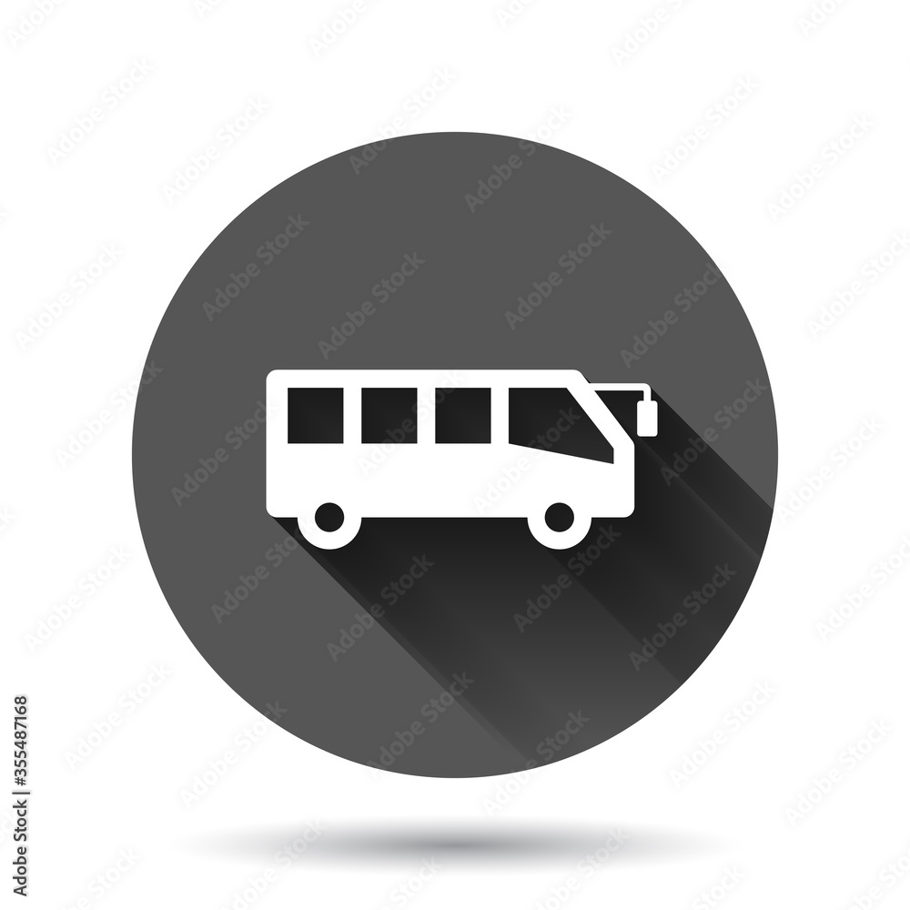 Bus icon in flat style. Coach vector illustration on black round background with long shadow effect. Autobus vehicle circle button business concept. Bus icon in flat style. Coach vector illustration on black round background with long shadow effect. Autobus vehicle circle button business concept.