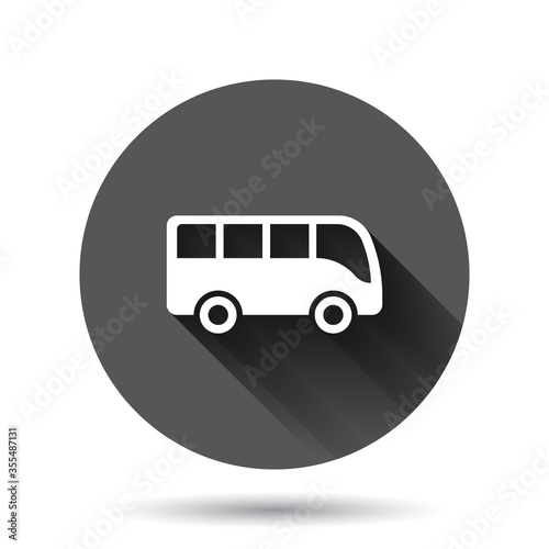 Bus icon in flat style. Coach vector illustration on black round background with long shadow effect. Autobus vehicle circle button business concept.