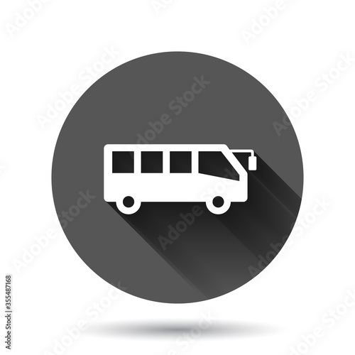 Bus icon in flat style. Coach vector illustration on black round background with long shadow effect. Autobus vehicle circle button business concept.