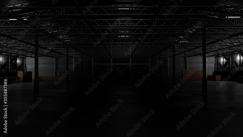 3d rendering of dark empty factory interior or empty warehouse - obrazy, fototapety, plakaty 