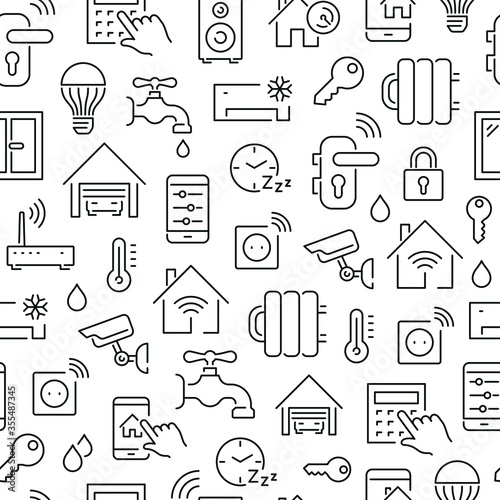 Seamless pattern with smart house. Black and white thin line icons