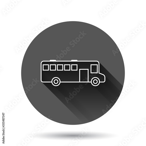 Bus icon in flat style. Coach vector illustration on black round background with long shadow effect. Autobus vehicle circle button business concept.