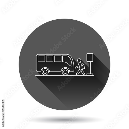 Bus station icon in flat style. Auto stop vector illustration on black round background with long shadow effect. Autobus vehicle circle button business concept.