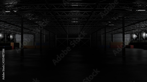 3d rendering of dark empty factory interior or empty warehouse