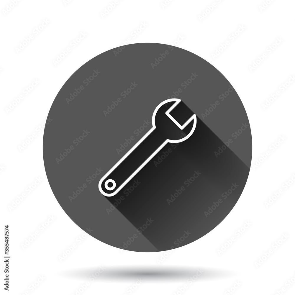Wrench icon in flat style. Spanner key vector illustration on black round background with long shadow effect. Repair equipment circle button business concept. Wrench icon in flat style. Spanner key vector illustration on black round background with long shadow effect. Repair equipment circle button business concept.