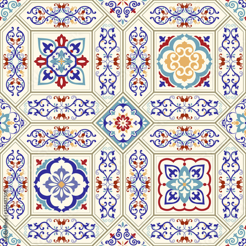 Seamless ceramic tile with colorful patchwork. Vintage multicolor pattern in turkish style. Endless pattern can be used for ceramic tile, wallpaper, linoleum, textile, web page background. Vector