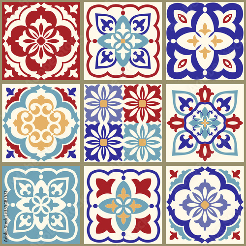 Collection of 9 ceramic tiles in turkish style. Seamless colorful patchwork. Endless pattern can be used for ceramic tile  wallpaper  linoleum  textile  web page background. Vector