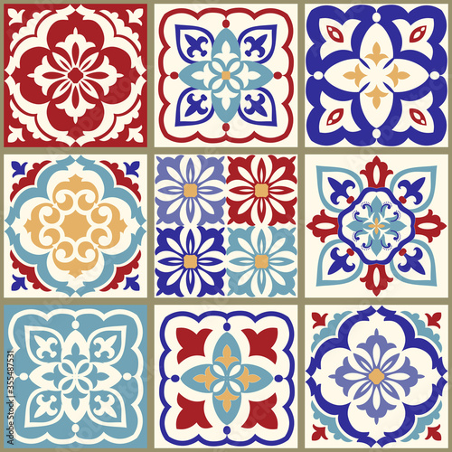 Collection of 9 ceramic tiles in turkish style. Seamless colorful patchwork. Endless pattern can be used for ceramic tile, wallpaper, linoleum, textile, web page background. Vector