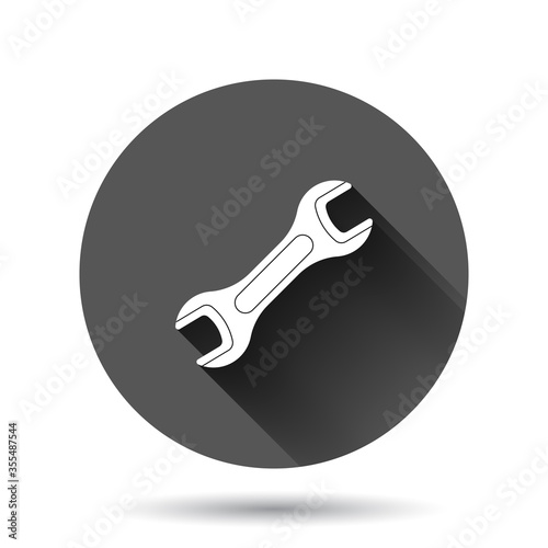Wrench icon in flat style. Spanner key vector illustration on black round background with long shadow effect. Repair equipment circle button business concept.