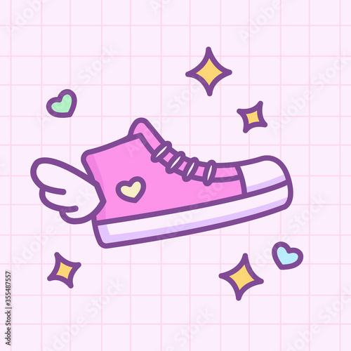 Vector illustration cute kawaii pink sneakers shoes for woman with wings in doodle cartoon 80s-90s style, on pastel checkered background. For card, poster, sticker, icon or logo