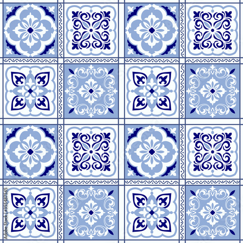 Vintage seamless pattern in Portugal style. Azulejo. Seamless patchwork tile in blue and white colors. Endless pattern can be used for ceramic tile, wallpaper, linoleum, textile, web page background