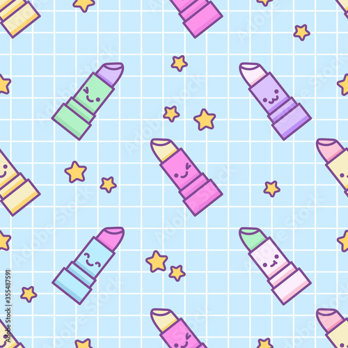 Seamless isolated pattern with cute kawaii lipstick with face. Pastel child print with pomade on fabric, wrapping paper, textile, wallpaper. Vector cartoon doodle linear illustration in 80s-90s style