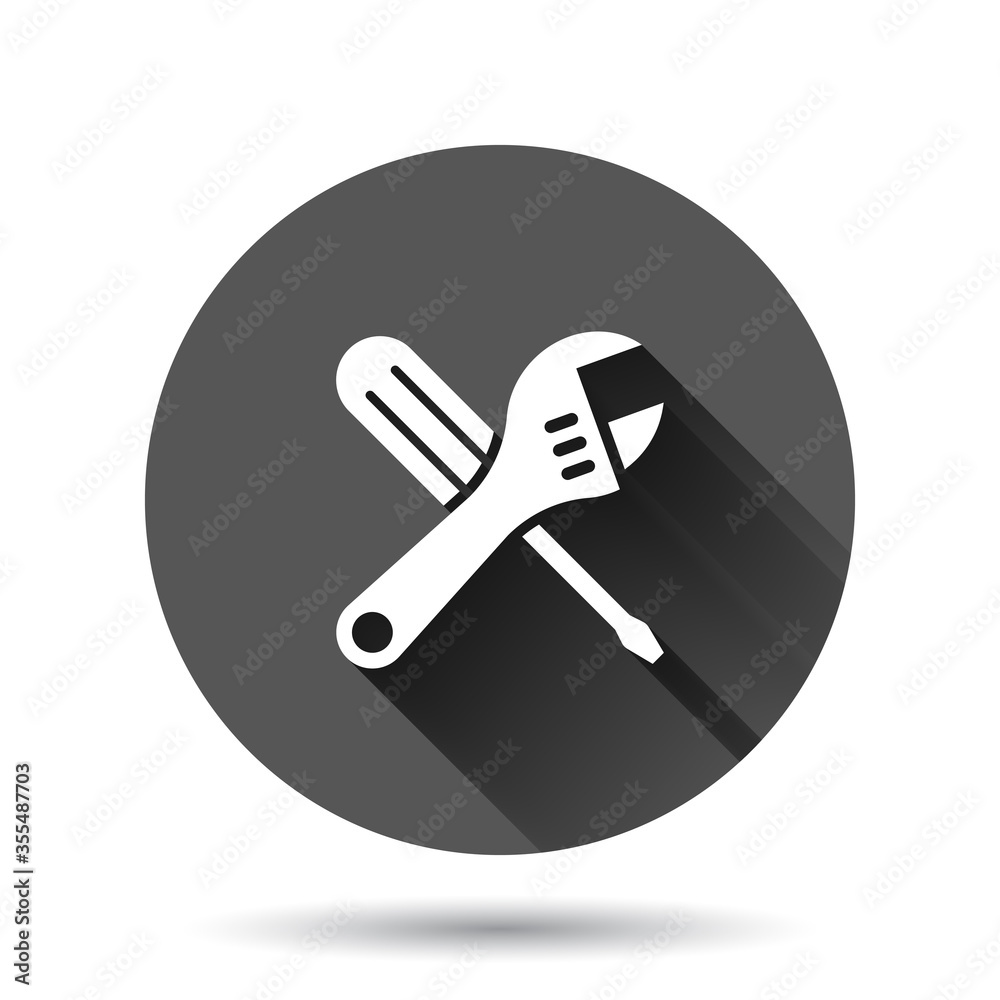 Wrench icon in flat style. Spanner key vector illustration on black round background with long shadow effect. Repair equipment circle button business concept. Wrench icon in flat style. Spanner key vector illustration on black round background with long shadow effect. Repair equipment circle button business concept.