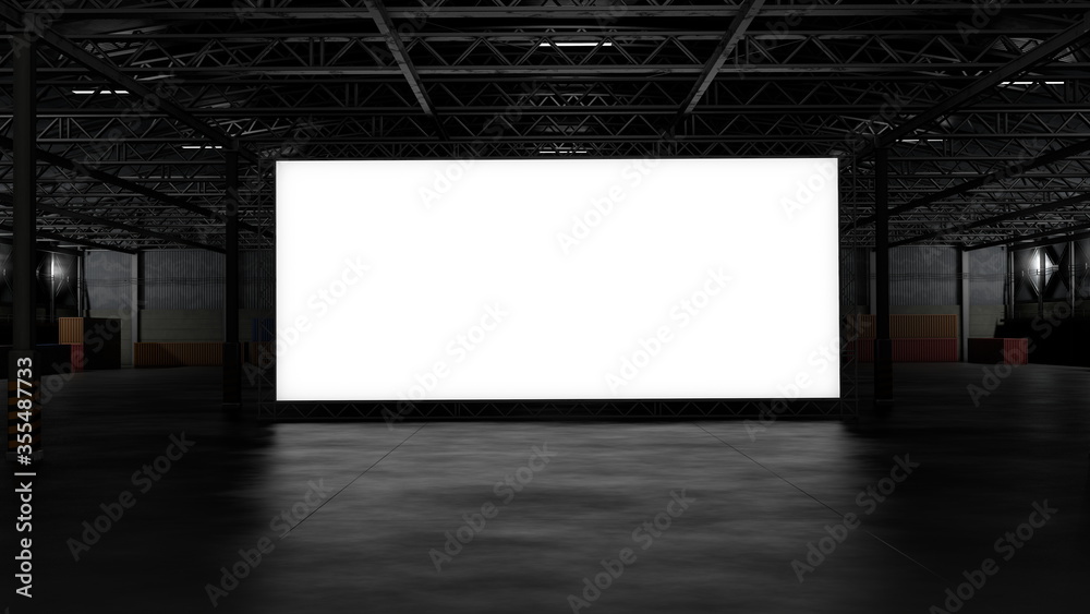 3d rendering of dark empty factory interior background or empty warehouse, a glowing white screen in the middle