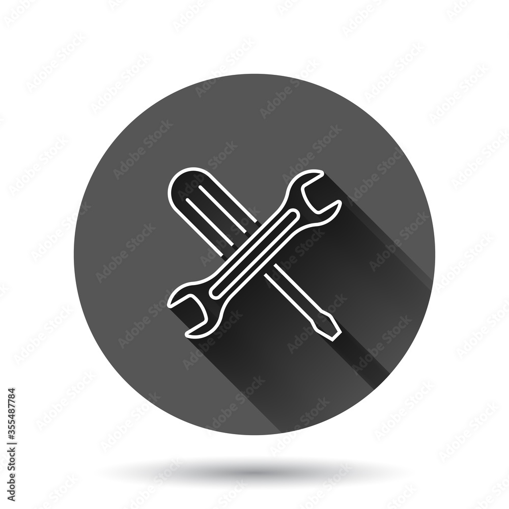 Wrench icon in flat style. Spanner key vector illustration on black round background with long shadow effect. Repair equipment circle button business concept. Wrench icon in flat style. Spanner key vector illustration on black round background with long shadow effect. Repair equipment circle button business concept.