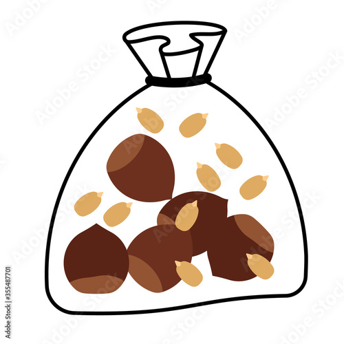 Package with nuts and seeds. Bird food and squirrels. Things to walk in the park or in the forest. Vector illustration.