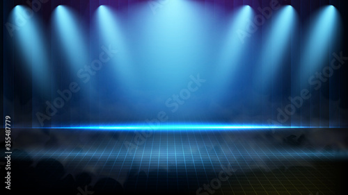 abstract futuristic background of blue technology lighting spotlgiht stage background with smoke