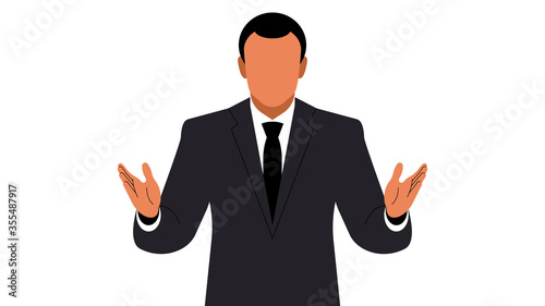 Speaker makes speech. Businessman or politician orator in black suit. Mature confident white man stands behind the podium and gestures. Modern vector illustration on white background.