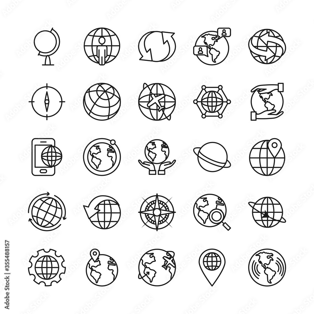 arrows and global sphere icon set, line style arrows and global sphere icon set, line style