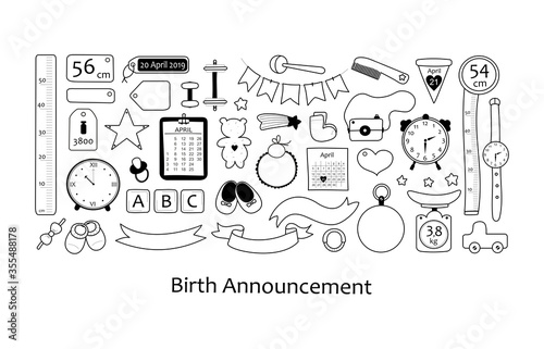 Birth announcement. Vector set with hand drawn elements. 