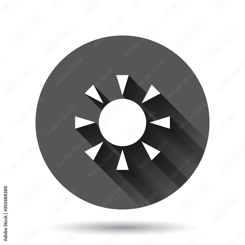 Sun icon in flat style. Sunlight sign vector illustration on black round background with long shadow effect. Daylight circle button business concept. Sun icon in flat style. Sunlight sign vector illustration on black round background with long shadow effect. Daylight circle button business concept.