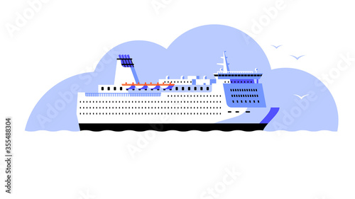 Cruise ship. Ferry. Big white ship in the sea. Vector illustration in a flat style.