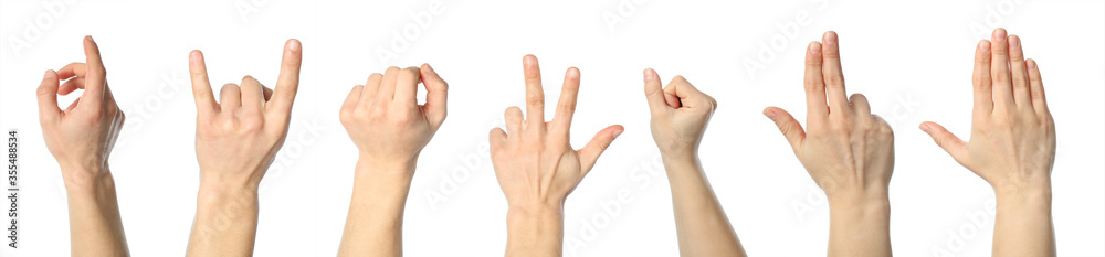 Collage of different human gestures on white background Collage of different human gestures on white background