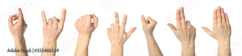 Collage of different human gestures on white background