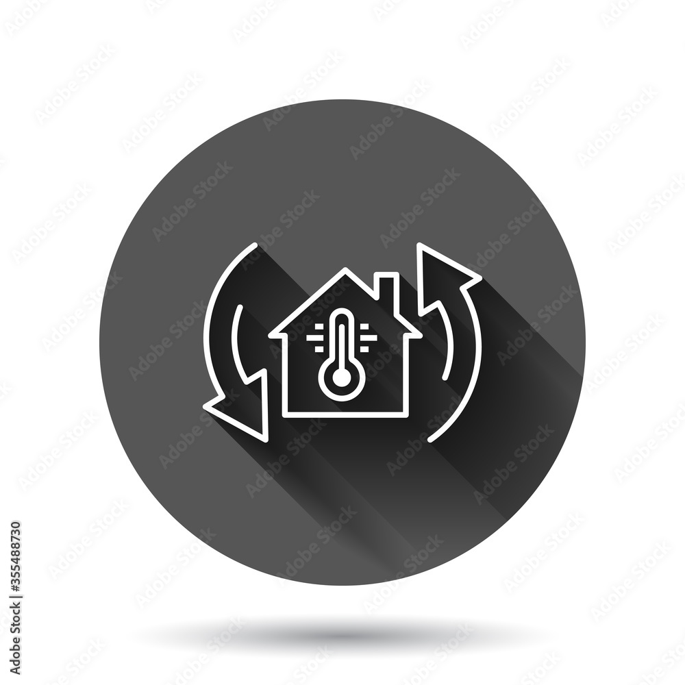 Thermometer home icon in flat style. House climate control vector illustration on black round background with long shadow effect. Hot, cold temperature circle button business concept. Thermometer home icon in flat style. House climate control vector illustration on black round background with long shadow effect. Hot, cold temperature circle button business concept.
