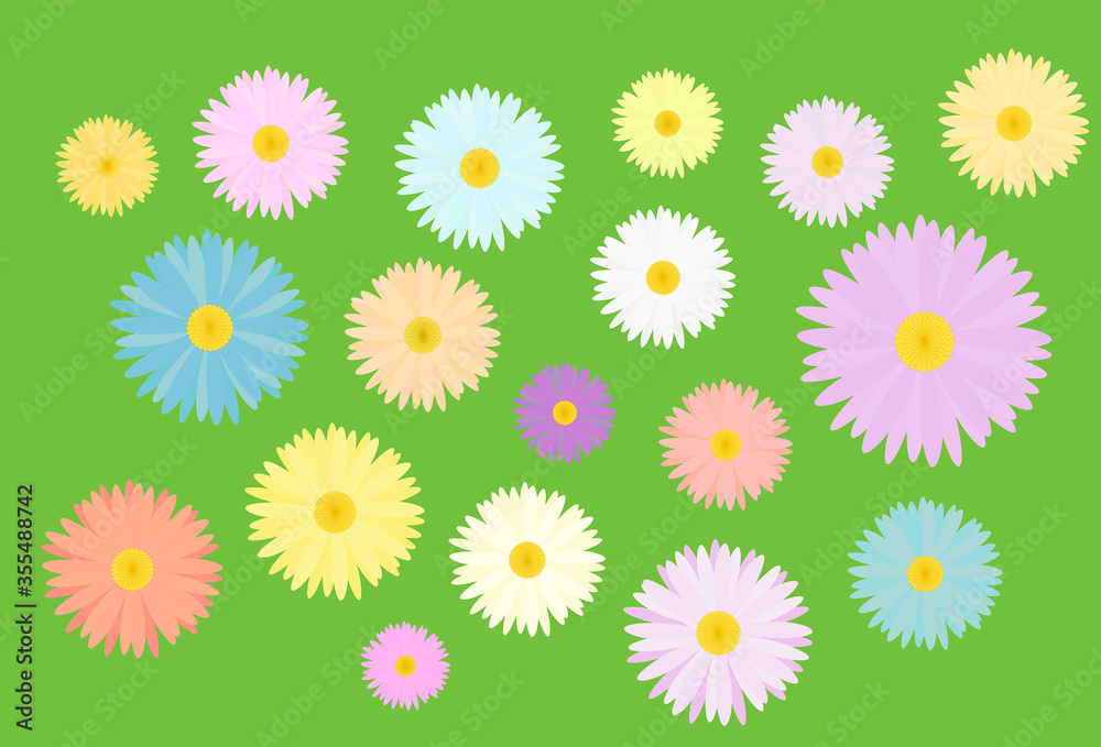Obraz premium Graphic multi-colored flowers pattern. Green background.