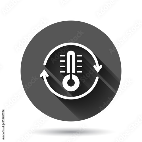 Thermometer climate control icon in flat style. Meteorology balance vector illustration on black round background with long shadow effect. Hot, cold temperature circle button business concept.