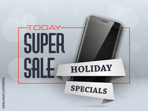 Super sale banner. Mobile Phone holiday specials Discount label poster. Cyber Monday offer tag. Smartphone coupon