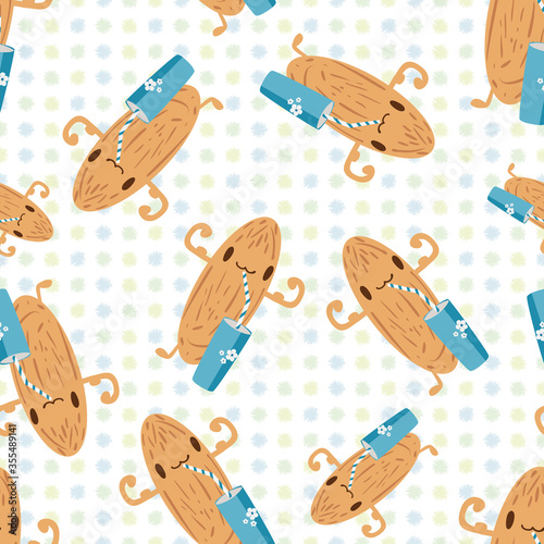 Kawaii almond milk vector seamless pattern background. Cute muscle flexing nut character drinking from glass on white backdrop. All over cartoon print for kids healthy drink dairy alternative concept