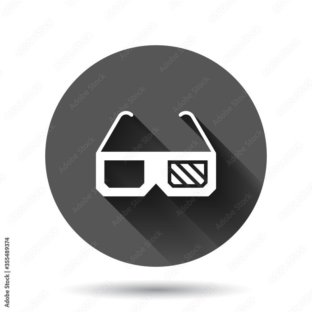 Film icon in flat style. Movie vector illustration on black round background with long shadow effect. 3d glasses circle button business concept. Film icon in flat style. Movie vector illustration on black round background with long shadow effect. 3d glasses circle button business concept.