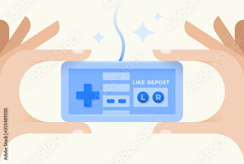 Abstract social networking vintage gamepad with "Like" and "Repost" (share) buttons in Internet user or blogger hands. Concept: internet communications and media services (Facebook), online messaging.