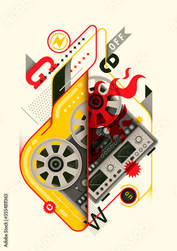 Abstract style poster design, with retro reel to reel tape recorder and various objects in color. Vector illustration.