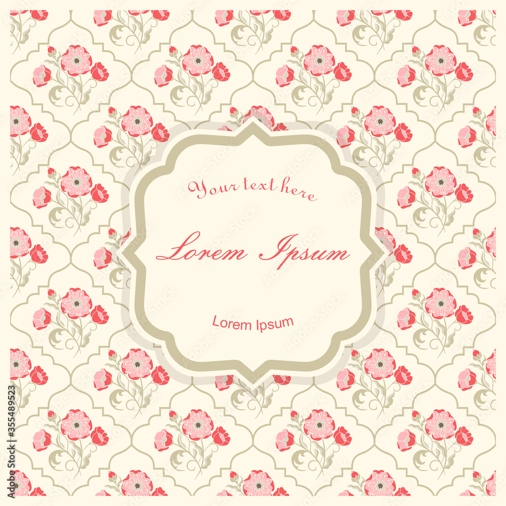 Template greeting cards, invitations and advertising banners, brochures with space for text. Vintage Invitation or wedding card with floral pattern in provence style and vintage frame