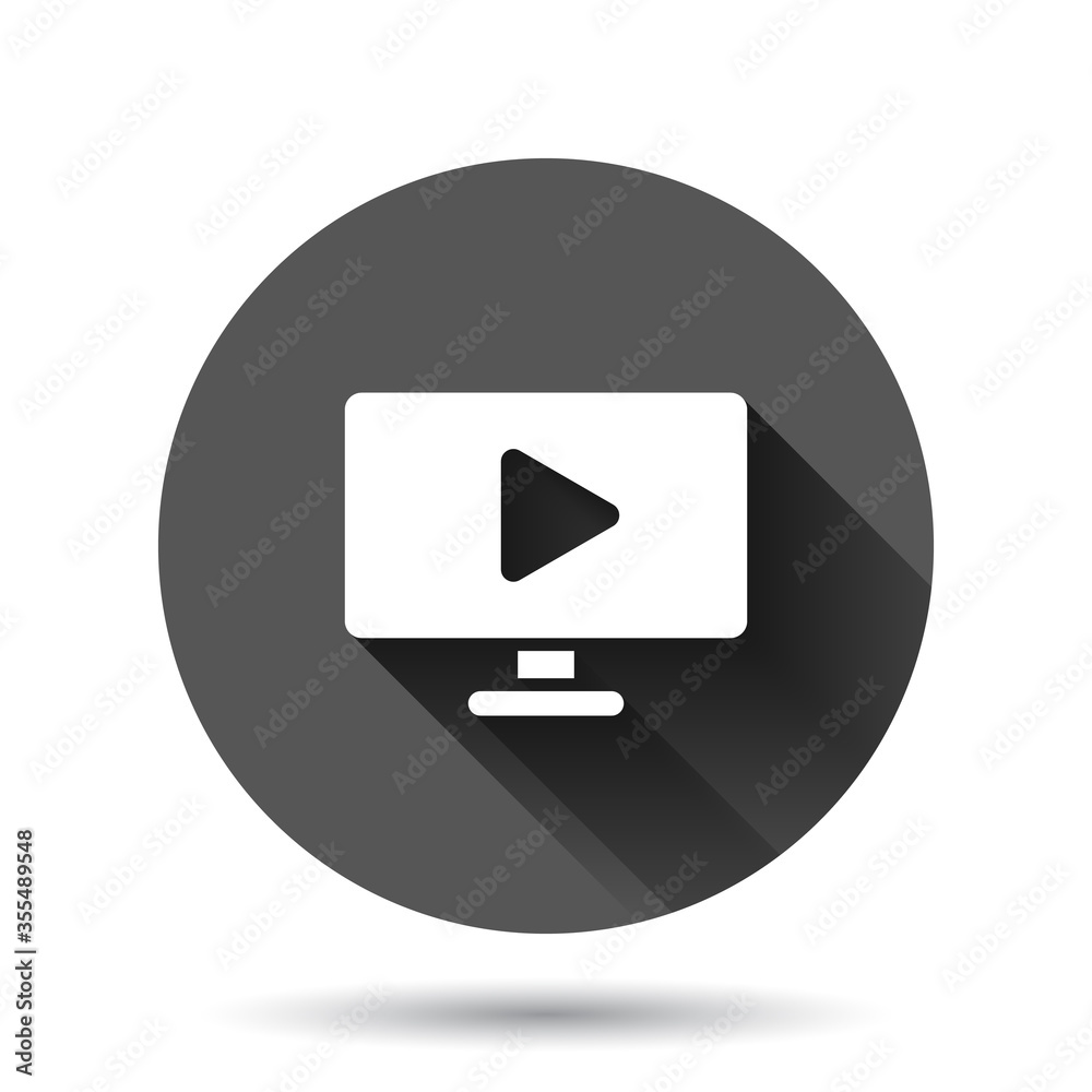 Tv screen icon in flat style. Video vector illustration on black round background with long shadow effect. Computer monitor circle button business concept. Tv screen icon in flat style. Video vector illustration on black round background with long shadow effect. Computer monitor circle button business concept.