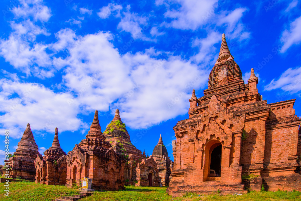 View of Ancient Pagodas in Bagan, Myanmar. Beautiful Morning Time with Blue Sky with Clouds