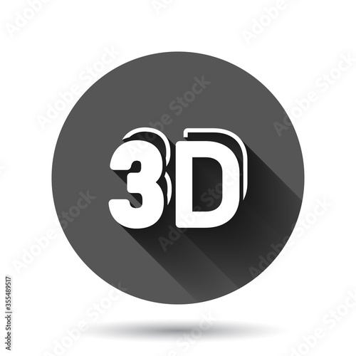 3d text icon in flat style. Word vector illustration on black round background with long shadow effect. Stereoscopic technology circle button business concept.