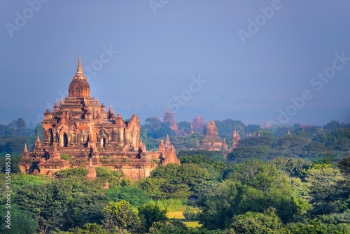 Bagan  Myanmar Temples in the Archaeological Park  Burma. Sunrise. Fog in the Sky