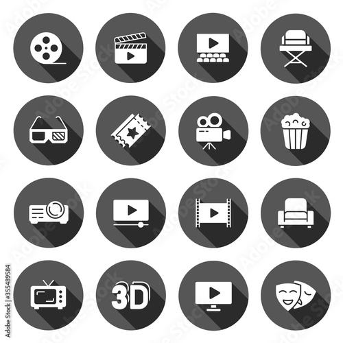 Cinema line icon in flat style. Entertainment set vector illustration on black round background with long shadow effect. Movie media circle button business concept.