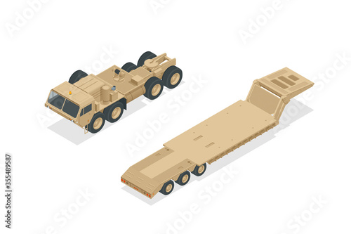 Isometric diesel engine-powered military truck artillery tractor and tank isolated on white